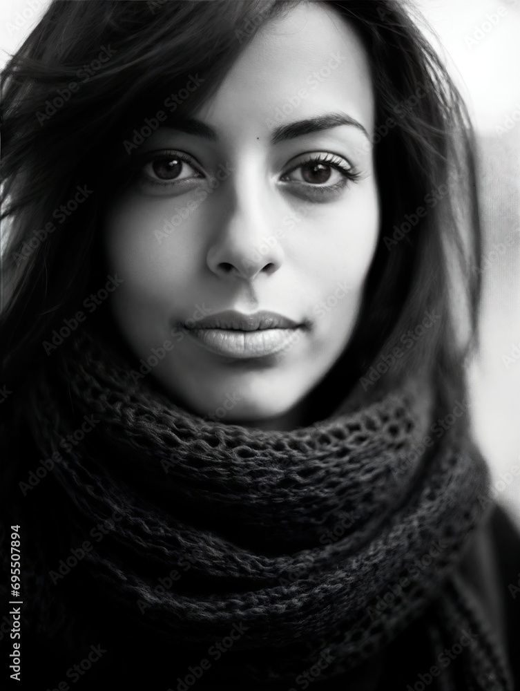 portrait noir et blanc en gros plan d'une femme avec une écharpe au regard intense vue de face portrait noir et blanc en gros plan d'une femme avec une écharpe au regard intense vue de face