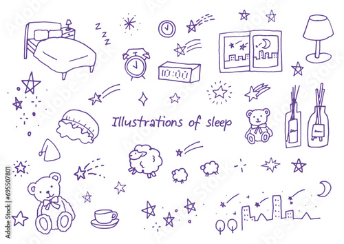 ペンで描いた眠り関係のイラスト落書きセット