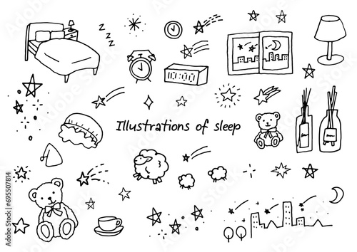 ペンで描いた眠り関係のイラスト落書きセット