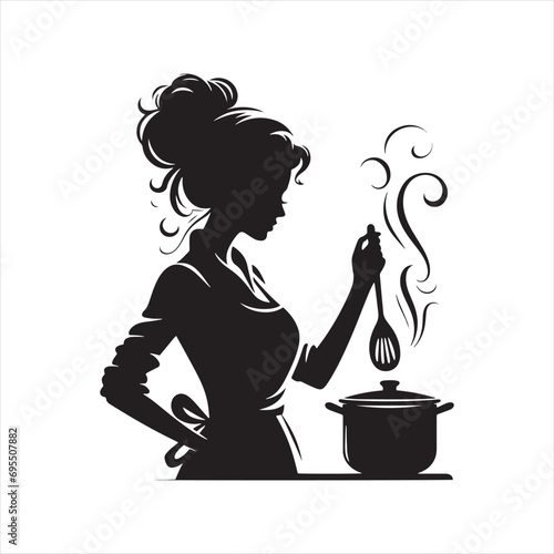 Girl Cooking Silhouette: Moments of Culinary Brilliance Portrayed in Stylish Black Vector Silhouettes - Minimallest Woman Cooking Black Vector Lady Silhouette
