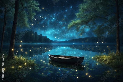 A boat on a lake at night