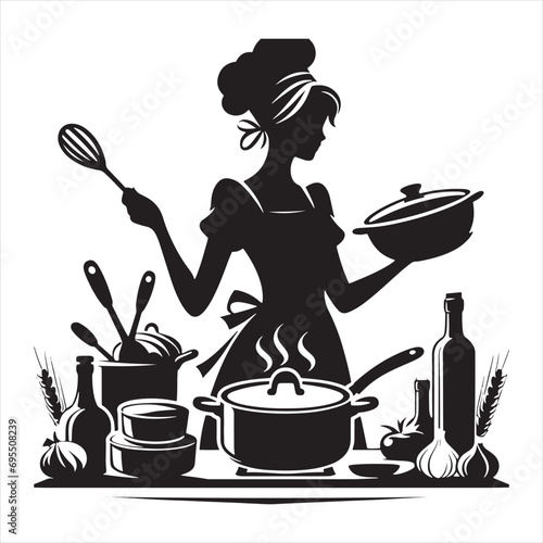 Girl Cooking Silhouette: Moments of Culinary Grace Articulated in Black Vector Silhouettes - Minimallest Woman Cooking Black Vector Lady Silhouette
 photo