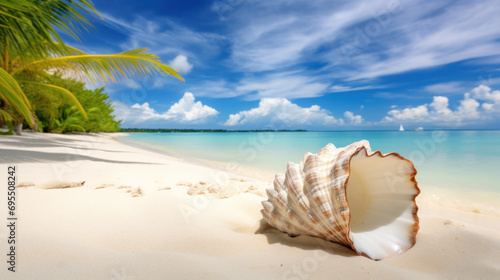 Sea shell on white sand, pristine tropical beach in the afternoon