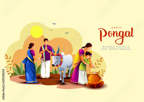 Happy Pongal celebration with sugarcane, Rangoli and pot of rice. Tamil girl making Pongal. Indian cultural festival celebration concept illustration vector design.