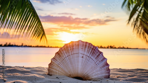 Sea scallop shell on sand, water's edge on idyllic beach, sunset photo