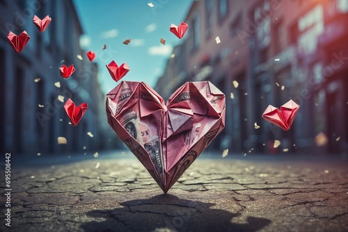 A paper folded heart of dollar on a street photo