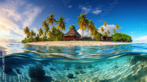 Tropical island and clear blue sea  camera is half submerged  split photo