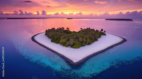 Heart-shaped tropical island, symbol of love, sunrise
