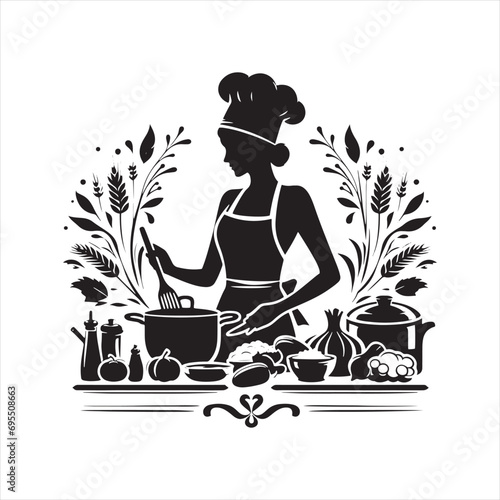 Girl Cooking Silhouette: Elegant Women in Various Cooking Poses - Minimallest Woman Cooking Black Vector Lady Silhouette
