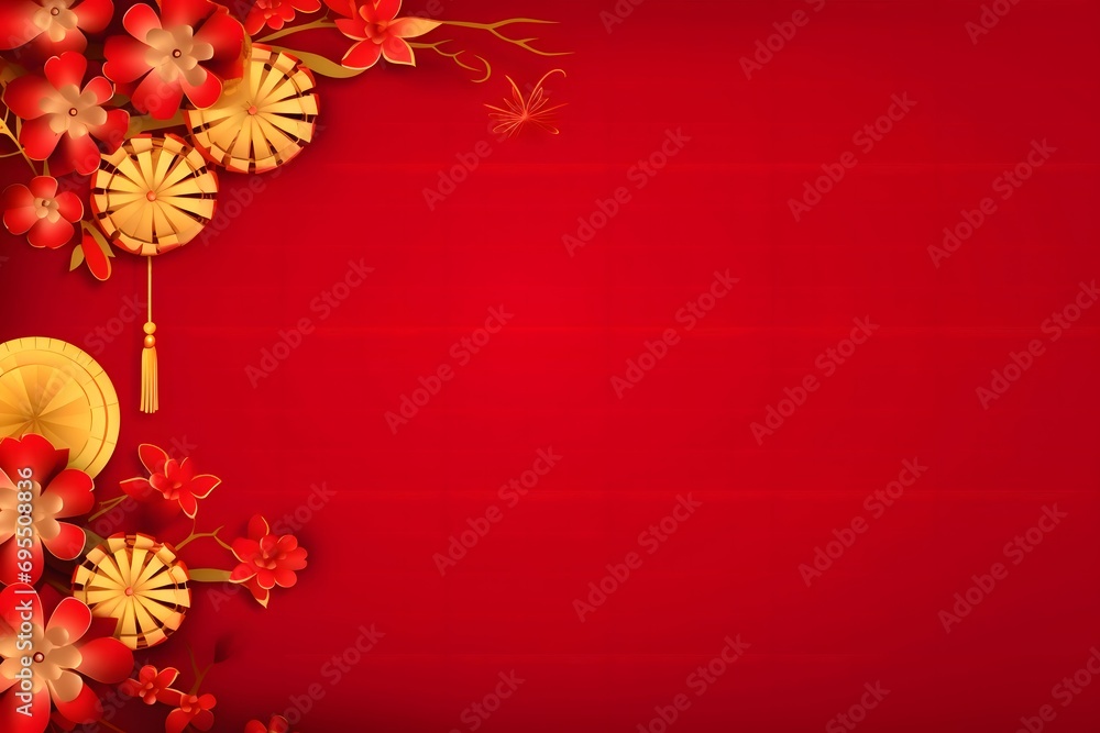 Chinese decoration of white and red flowers, in the middle a red blank background with space for your own content.