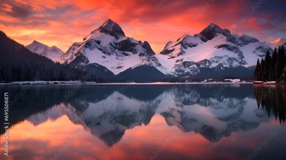 Mountains reflected in a lake at sunset in Glacier National Park, Montana