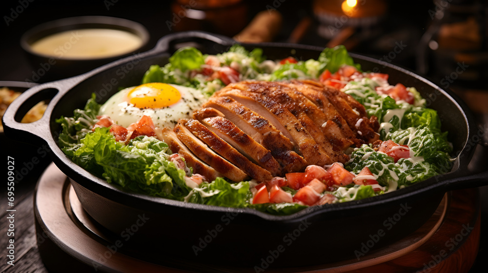Grilled Chicken Caesar, an Artful Arrangement of Ingredients like avocados, eggs, tomatoes, lettuce in a pan, where Each Bite Paints a Picture of Flavorful Perfection Grilled Chicken Caesar, an Artful Arrangement of Ingredients like avocados, eggs, tomatoes, lettuce in a pan, where Each Bite Paints a Picture of Flavorful Perfection