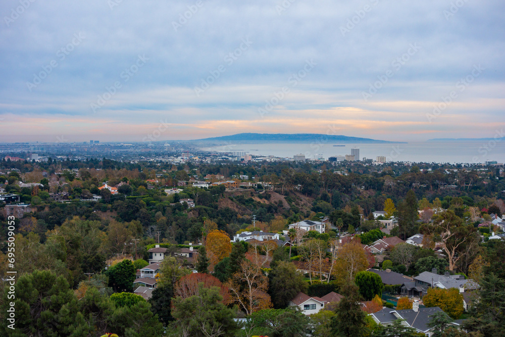 View during sunset of the City of Los Angeles taken from Inspiration Point in the Santa Monica Mountains. View during sunset of the City of Los Angeles taken from Inspiration Point in the Santa Monica Mountains.
