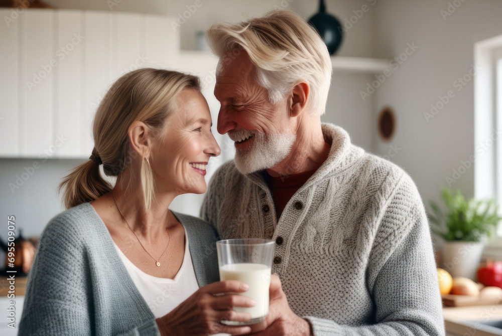 The happiness of a senior male and female couple drinking milk. For strong health, strengthen bones, nourishing the brain, concepts of taking care of your health and body. The happiness of a senior male and female couple drinking milk. For strong health, strengthen bones, nourishing the brain, concepts of taking care of your health and body.