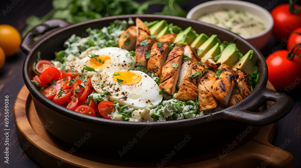 Grilled Chicken Caesar, an Artful Arrangement of Ingredients like avocados, eggs, tomatoes, lettuce in a pan, where Each Bite Paints a Picture of Flavorful Perfection Grilled Chicken Caesar, an Artful Arrangement of Ingredients like avocados, eggs, tomatoes, lettuce in a pan, where Each Bite Paints a Picture of Flavorful Perfection