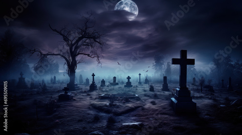 Spooky old graveyard an night, moonlight