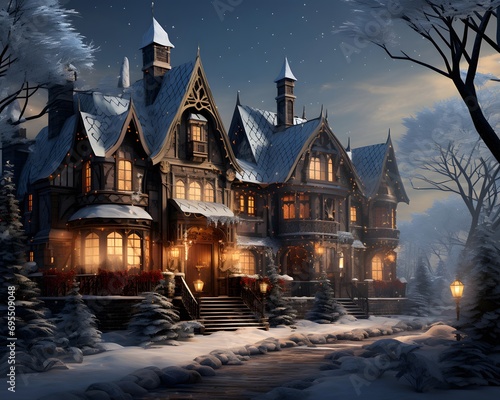 Winter night in the village. Illustration of a winter night. © Iman