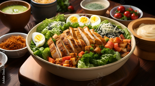 Taste the Bounty: Grilled Chicken Caesar, Where Each Mouthful Unearths the Bounty of Fresh Lettuce, Succulent Chicken, and a Bouquet of Ingredients, avocados, eggs, tomatoes and cheese.