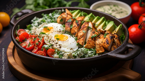 Grilled Chicken Caesar, an Artful Arrangement of Ingredients like avocados, eggs, tomatoes, lettuce in a pan, where Each Bite Paints a Picture of Flavorful Perfection