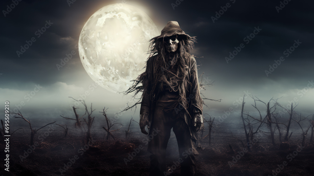 Fototapeta premium Monster scarecrow in the field at night