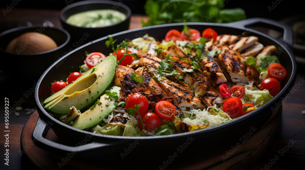 Bite into Freshness: Grilled Chicken Caesar with Crisp Lettuce, a Fusion of Juicy Chicken, and a Symphony of Artfully Chosen Ingredients, avocados, tomatoes, and bunch of asiago cheese over. Bite into Freshness: Grilled Chicken Caesar with Crisp Lettuce, a Fusion of Juicy Chicken, and a Symphony of Artfully Chosen Ingredients, avocados, tomatoes, and bunch of asiago cheese over.