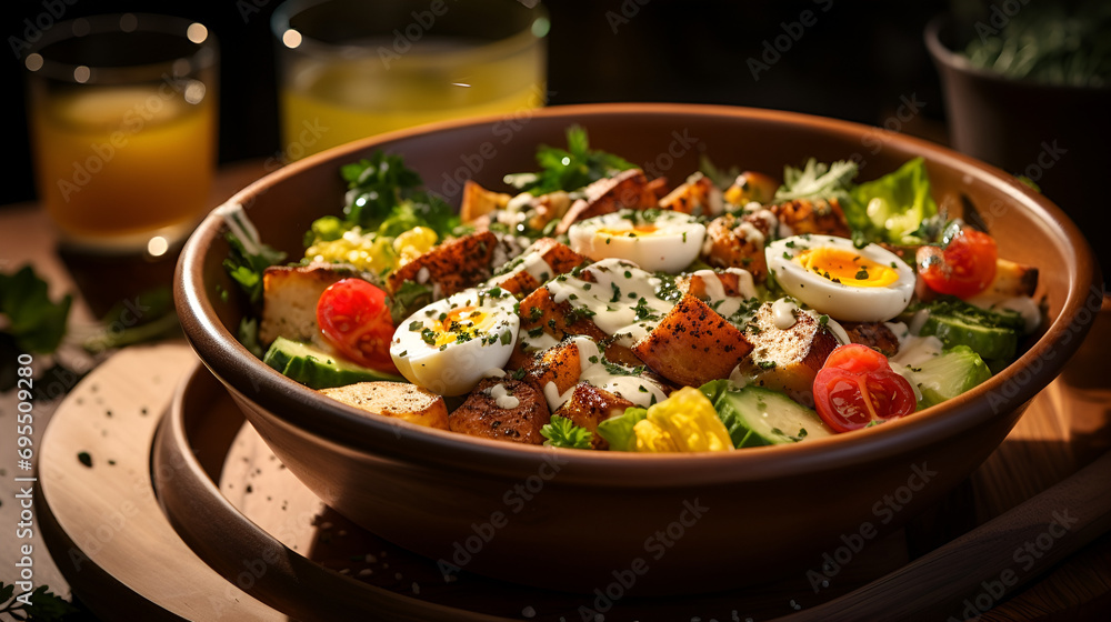 Artisanal Delight: Grilled Chicken Caesar, a Canvas of Grilled Perfection, Fresh avocados, eggs, tomatoes, and a Palette of Ingredients Crafted for Discerning Palates Artisanal Delight: Grilled Chicken Caesar, a Canvas of Grilled Perfection, Fresh avocados, eggs, tomatoes, and a Palette of Ingredients Crafted for Discerning Palates
