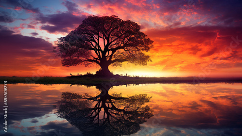 The grace of a solitary tree against the canvas of a mesmerizing sunset, with the beauty of the sky reflected in the surrounding grass, creating a stunning HD image.