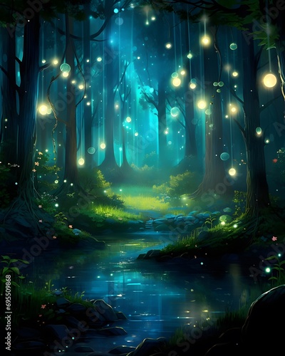 Fantasy dark forest with trees and lights - illustration for children.