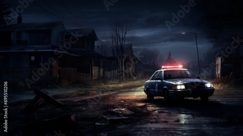 A patrol car parked under a moonlit sky, casting long shadows across the deserted street. The flickering streetlights create an eerie yet captivating atmosphere
