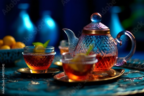 Teapot and cups of tea with lemon on a blue background © Iman