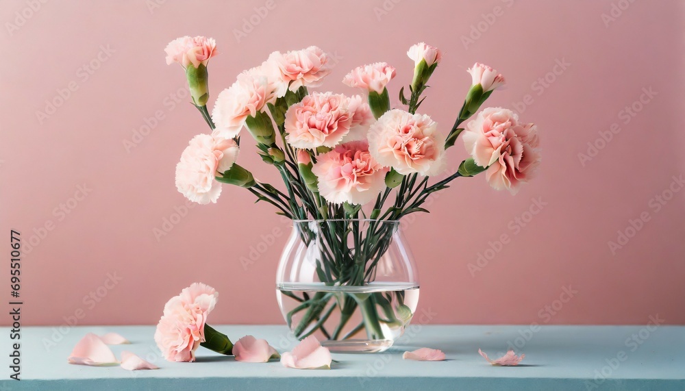 tender carnation flowers in a glass vase on pastel pink background