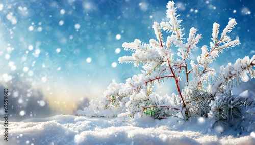 winter background with snowy and iced branches of trees on blue sky backdrop christmas or new year winter concept