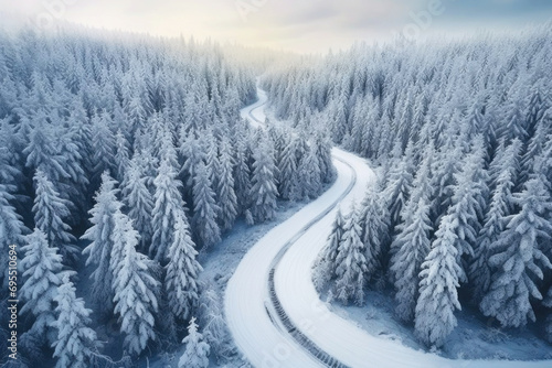 Winter landscape. Winding road in a snowy coniferous forest, view from above