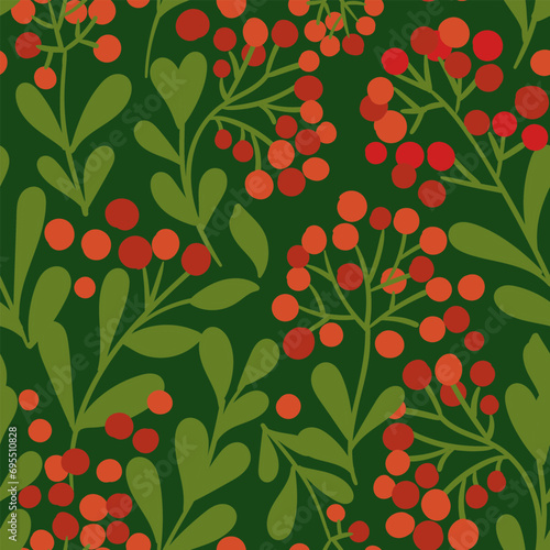 All over seamless Christmas vector botanical repeat pattern with green branches and red berries tossed on deep dark forest green ground. Elegant Christmas berry botanical background.