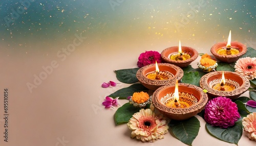 happy diwali burning diya oil lamps and flowers on a pastel background traditional indian festival of light celebration of a religious holiday copy space
