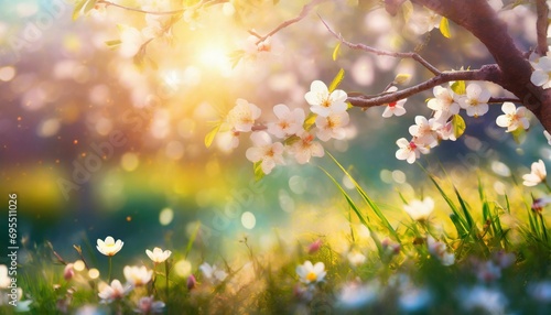 spring nature easter art background with blossom beautiful nature scene with blooming flowers tree and sun vertical art spring flowers beautiful orchard abstract blurred background springtime