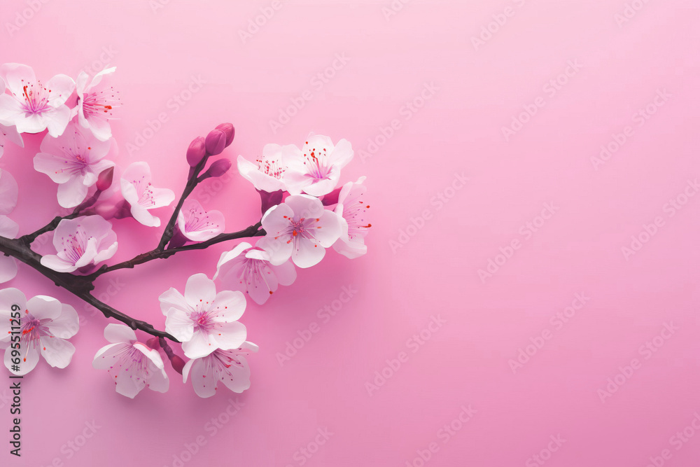 Spring first flowers on a pink background. Flat lay, mockup with copy space