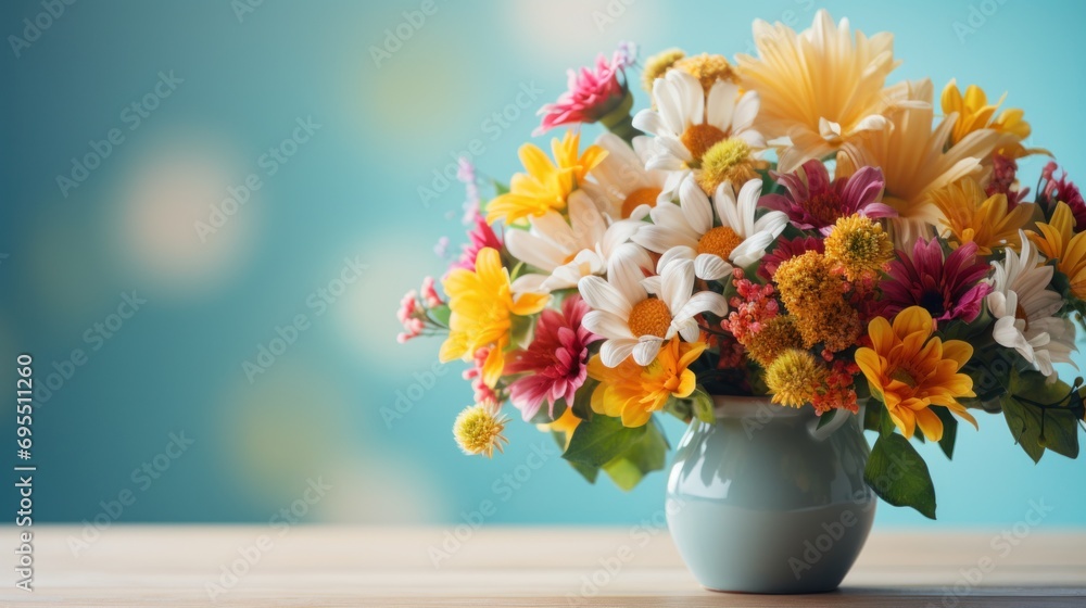 bouquet of various spring flowers in a vase on a table on a light blue background, banner, copy space bouquet of various spring flowers in a vase on a table on a light blue background, banner, copy space