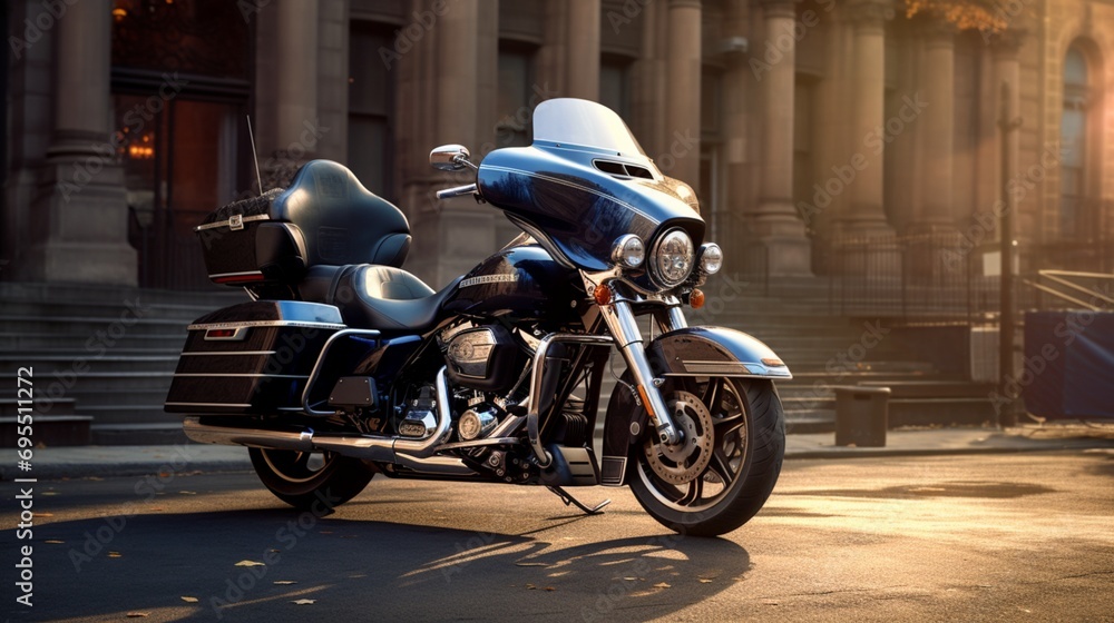A police motorcycle parked in front of an iconic city landmark, the sleek design and polished chrome capturing the essence of urban law enforcement