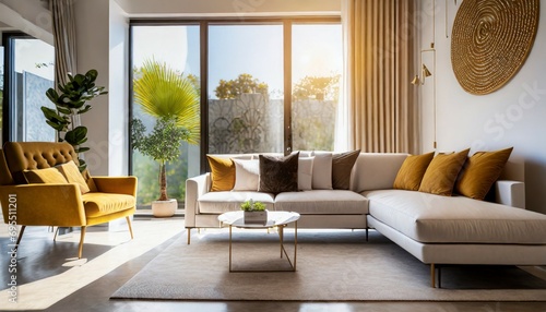 contemporary interior of living room with part of sofa in sunny day bright and clean cosy comfort room interior background beautiful house ideas showcase home renovation concept photo