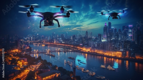 A police drone conducting surveillance over a vibrant cityscape  capturing the dynamic rhythm of life from a bird s-eye view