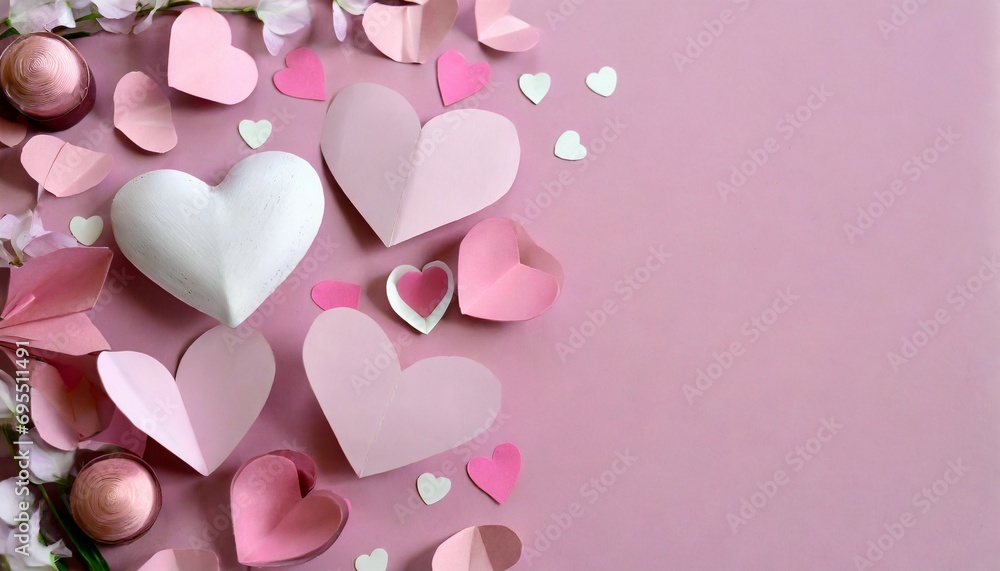 composition for valentine s day february 14th delicate pink background and pink hearts cut out of paper greeting card flat lay top view copy space
