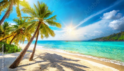 paradise sunny beach with coco palms and turquoise sea summer vacation and tropical beach concept © Lauren