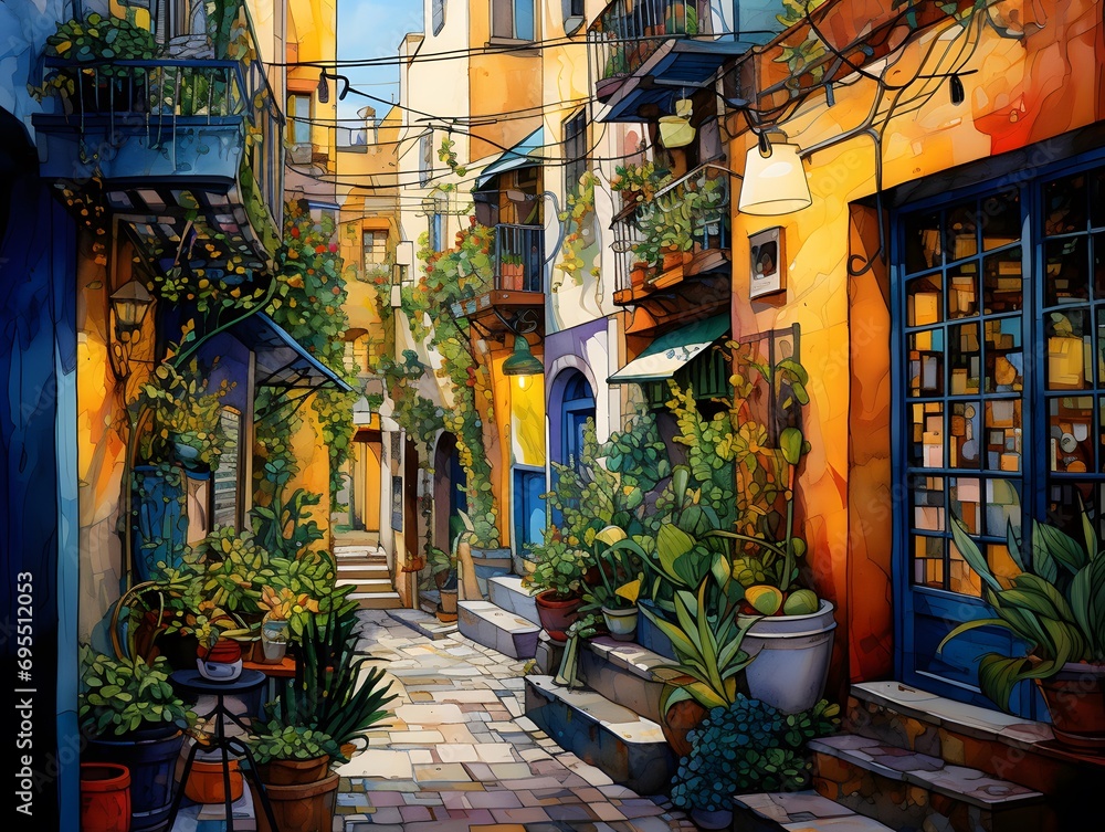 Colorful painting of a street in the old town of Cartagena, Colombia