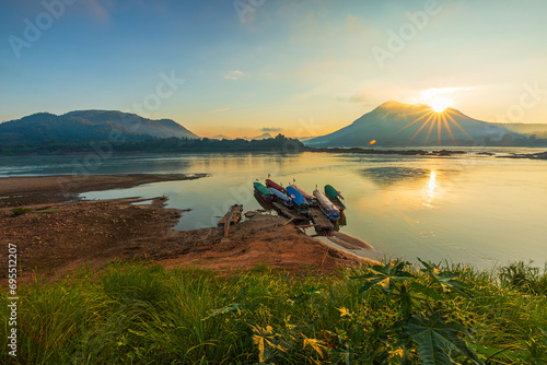 Mekong river and mountain scenery in the morning,Kaeng Khut couple scenery, Chiang Khan, Thailand,View of Kaeng Khut Khu Chiang Khan District, Loei Province, Thailand  photo