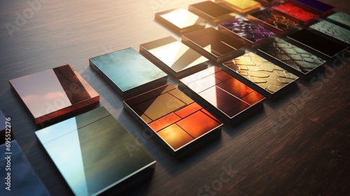 A series of business card mock-ups arranged artistically on a reflective surface, catching the play of light