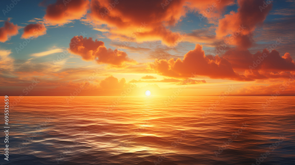 The serene allure of an amazing sea sunset, with the sun setting behind the distant horizon, casting a golden glow across the water, creating a stunning and realistic nature landscape background