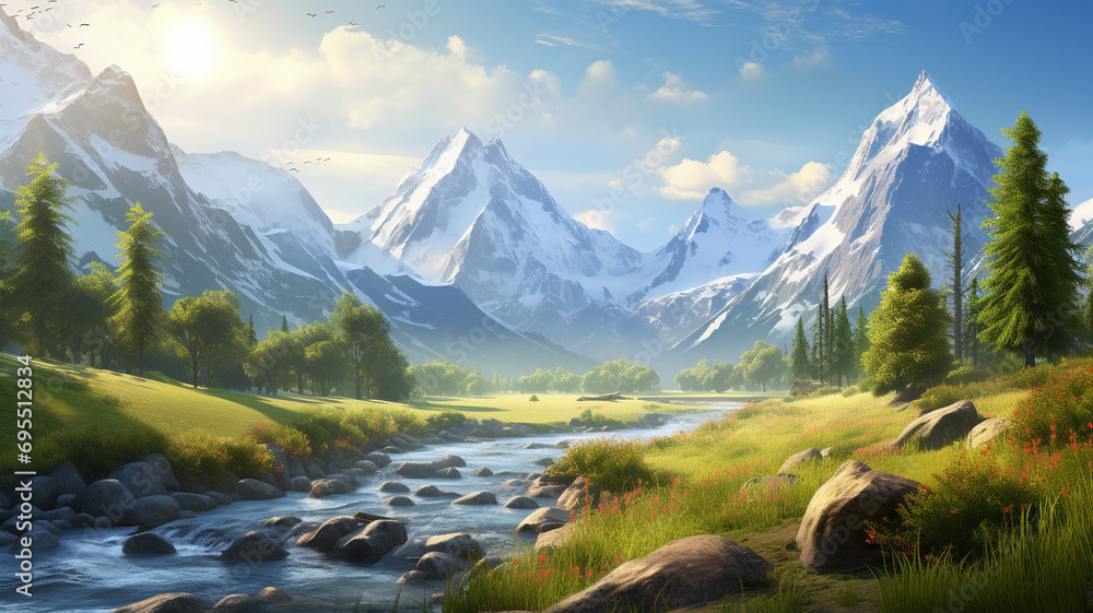 The serene beauty of a mountain valley at sunrise in the summer, with the soft light casting shadows on the peaks and valley, creating a picturesque and realistic natural landscape