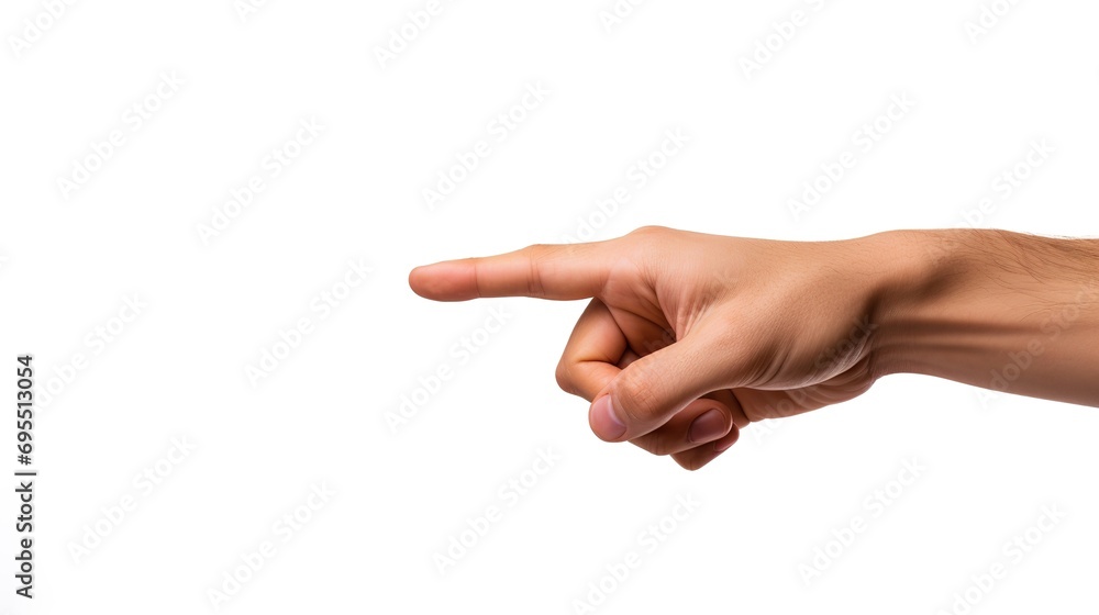 Male finger pointing, indicating direction or drawing attention to a specific object or action, isolated on a white background Male finger pointing, indicating direction or drawing attention to a specific object or action, isolated on a white background