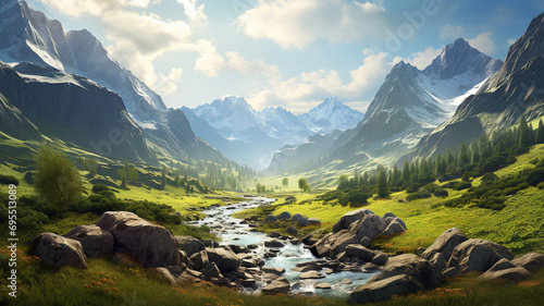 The serene beauty of a mountain valley at sunrise in the summer, with the soft light casting shadows on the peaks and valley, creating a picturesque and realistic natural landscape